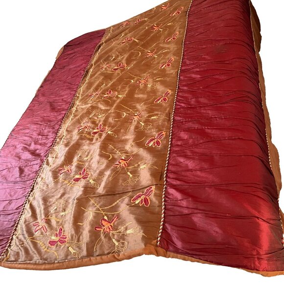 Rare Vintage Queen Wine Burgundy Gold Braid Lily Brown Silk Microsuede Coverlet - Picture 2 of 16